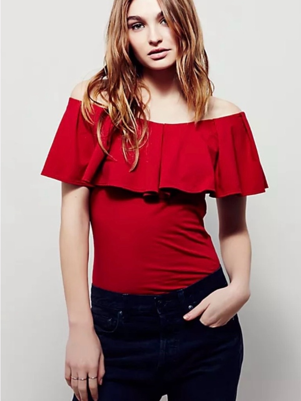 Free People Off-Shoulder Red Ruffle Top - Large